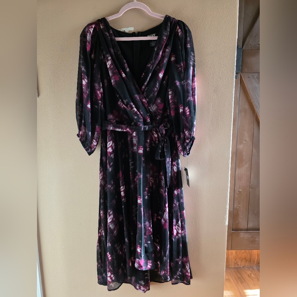 DKNY Black Floral-Print 3/4Sleeve Midi Dress Size12